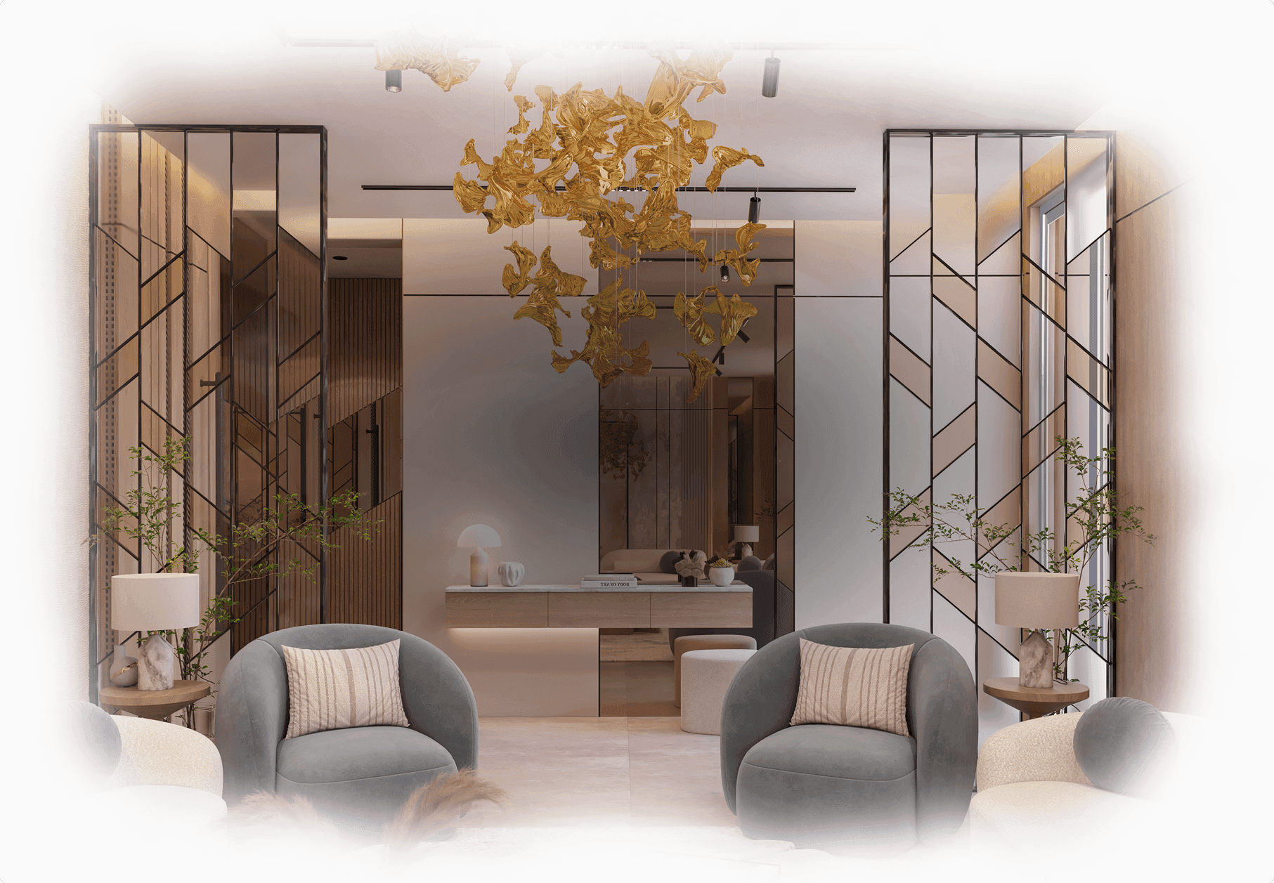 A modern living room and majlis featuring elegant armchairs, a striking abstract chandelier, and mirrored geometric paneling, creating a sophisticated and inviting space.