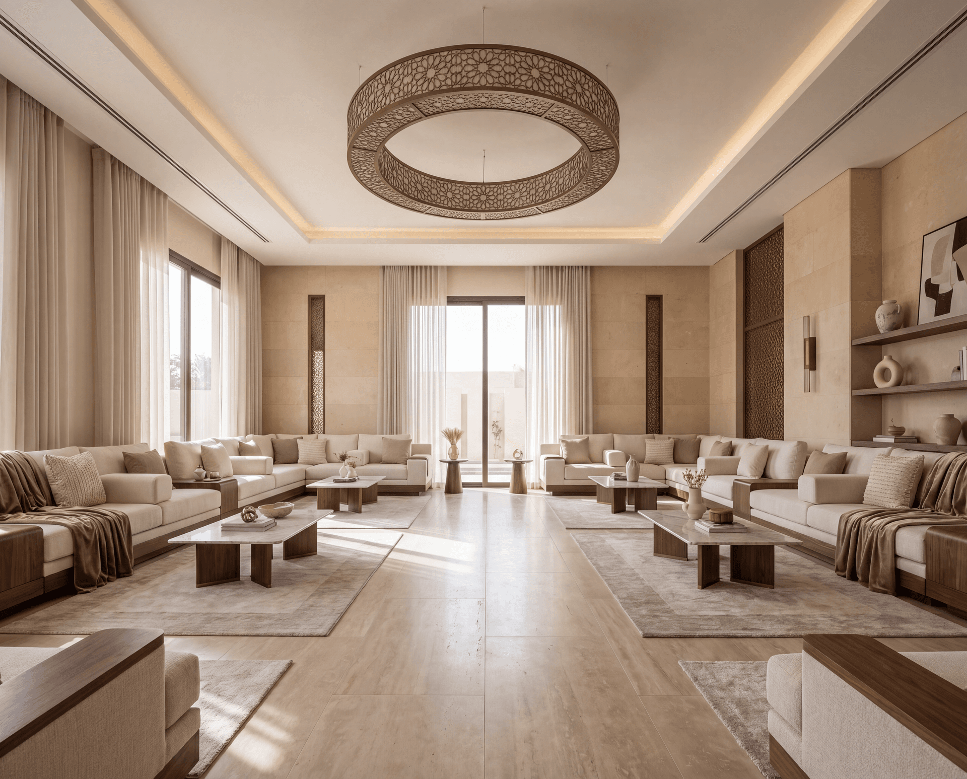 Modern residential majlis with neutral tones, beige and wood finishes, a statement chandelier, large windows, and spacious seating for large family or friends gatherings
