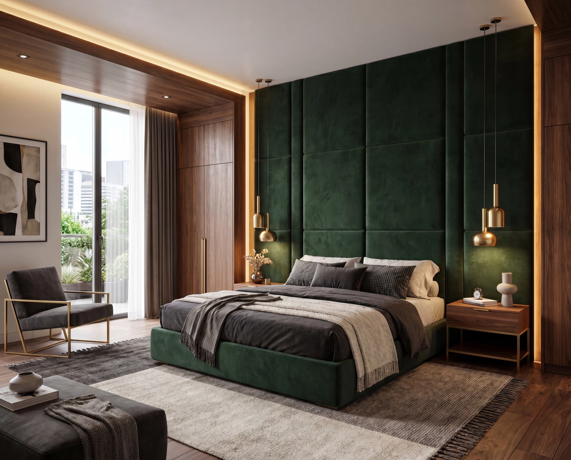 modern bedroom with wood, green velvet, and ample light