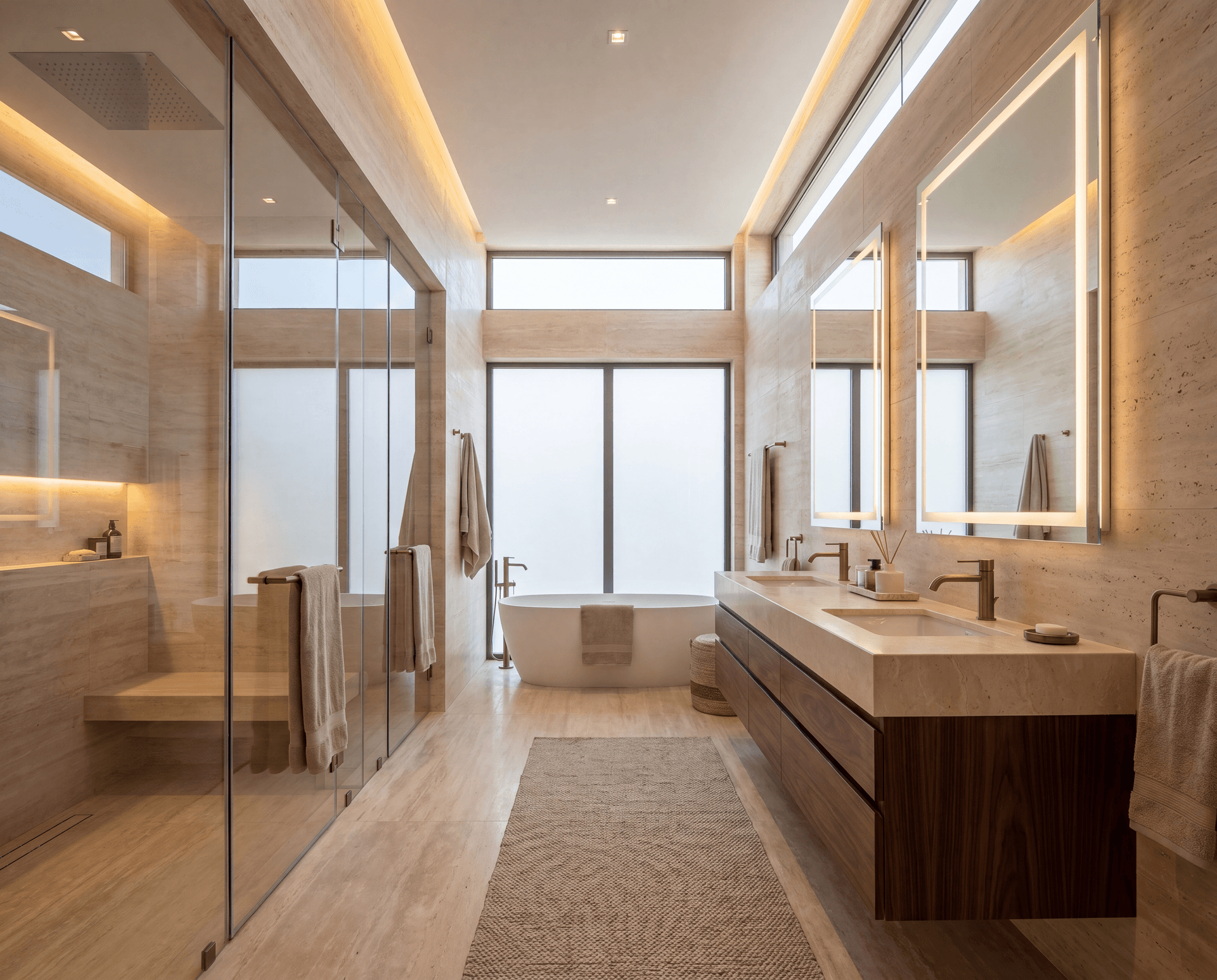 modern bathroom marble glass wood neutral tones