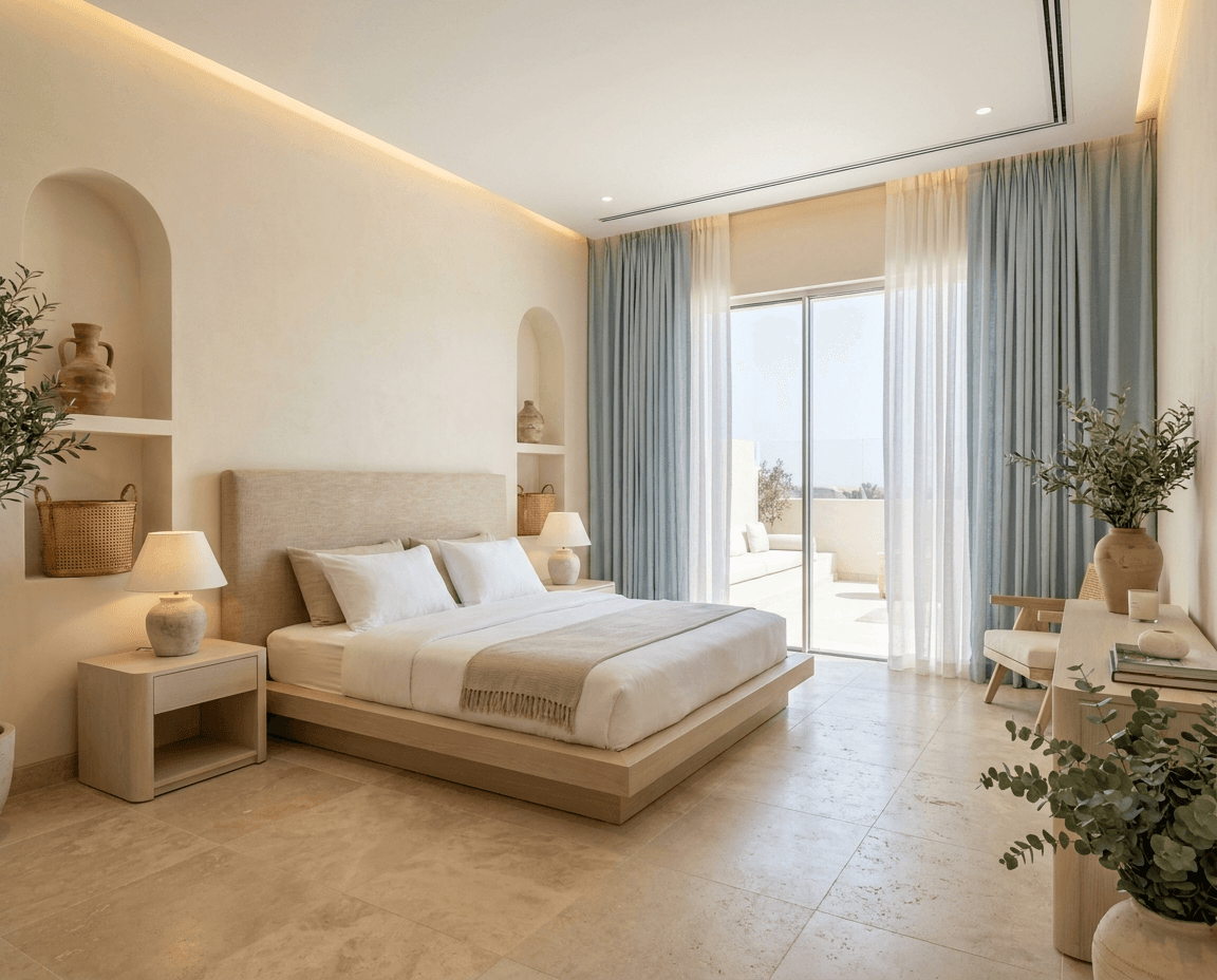 greek coastal inspired bedroom island escape