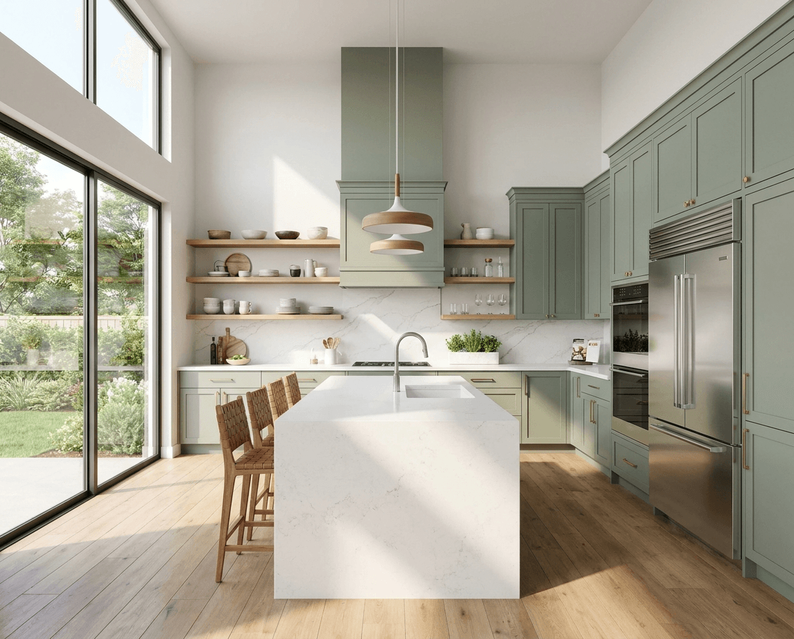 A modern kitchen featuring sage green cabinetry, a large white marble island with a built-in sink, wooden stools, stainless steel appliances, and open shelving adorned with ceramics, all illuminated by natural light from expansive windows overlooking a garden.