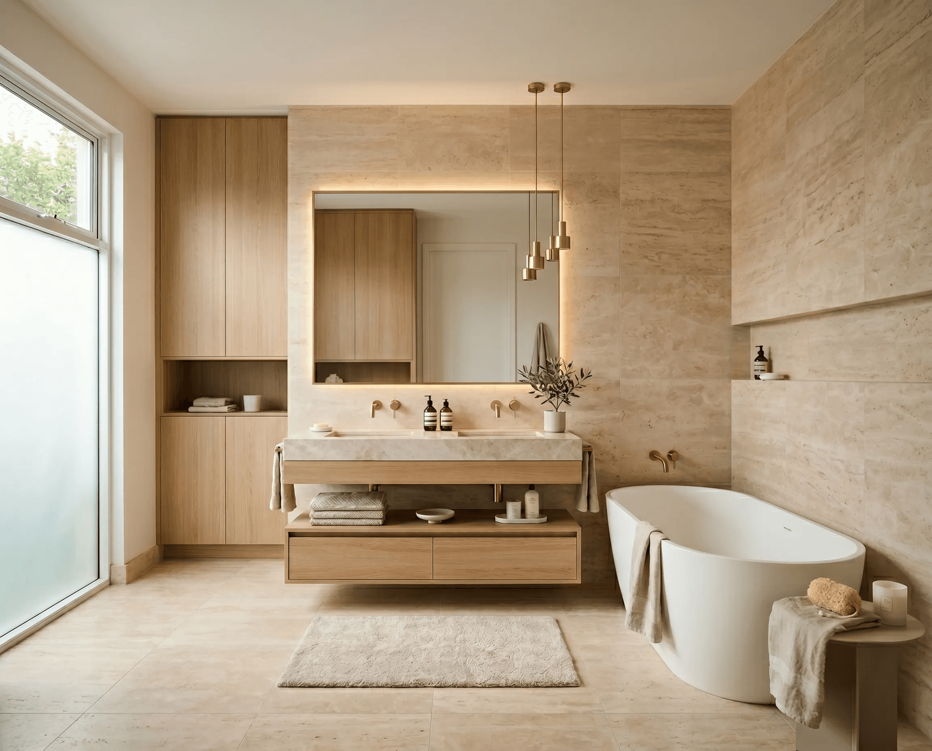 A luxurious modern bathroom featuring a spacious walk-in shower with glass doors, a freestanding bathtub by large frosted windows, dual sinks with illuminated mirrors, and elegant natural stone finishes.